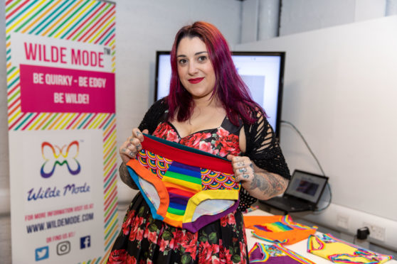 Deborah Breen with her Wilde Mode LGBT pants.