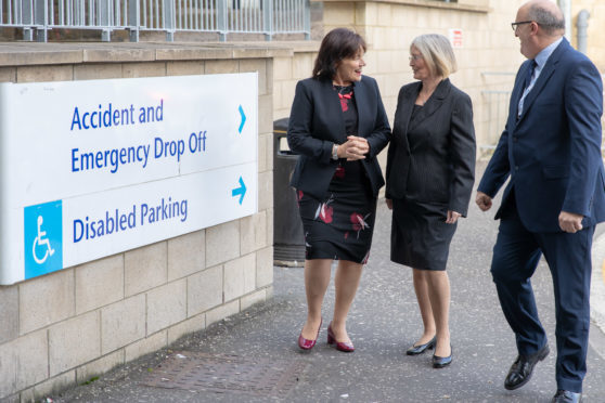 Health Secretary Jeane Freeman (left) with NHS Fife chairwoman Tricia Marwick and chief executive Paul Hawkins during a previous visit to Victoria Hospital, Kirkcaldy