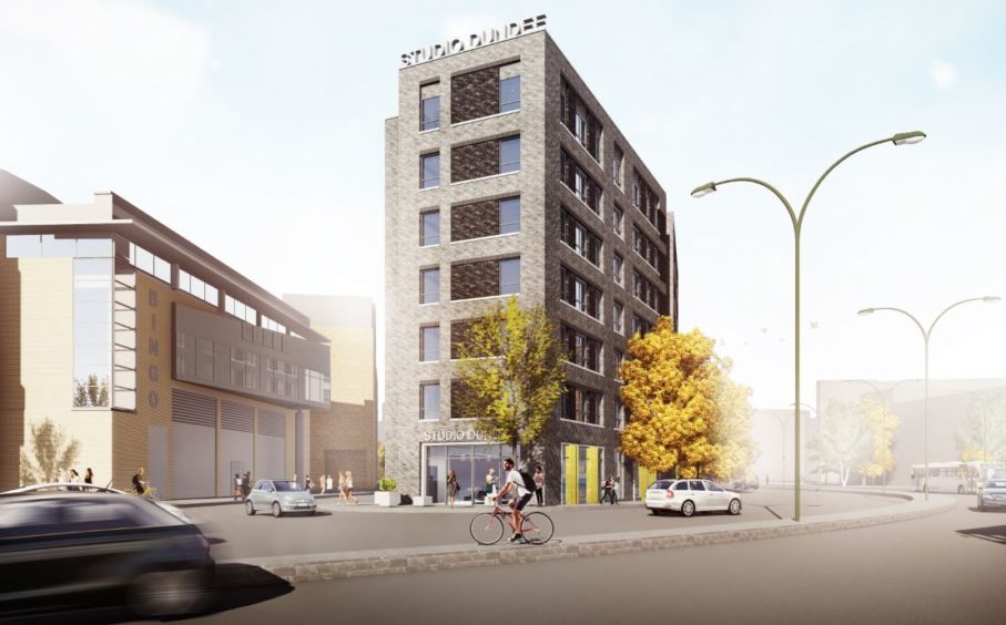 artist's impression of modern, seven-storey Studio Dundee building with cyclists, pedestrians and trees in foreground.