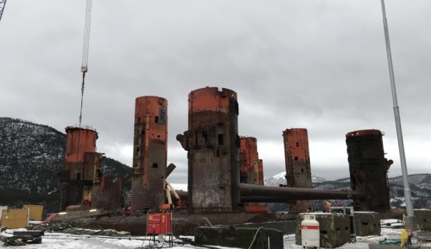 An oil rig being dismantled at a Norwegian yard