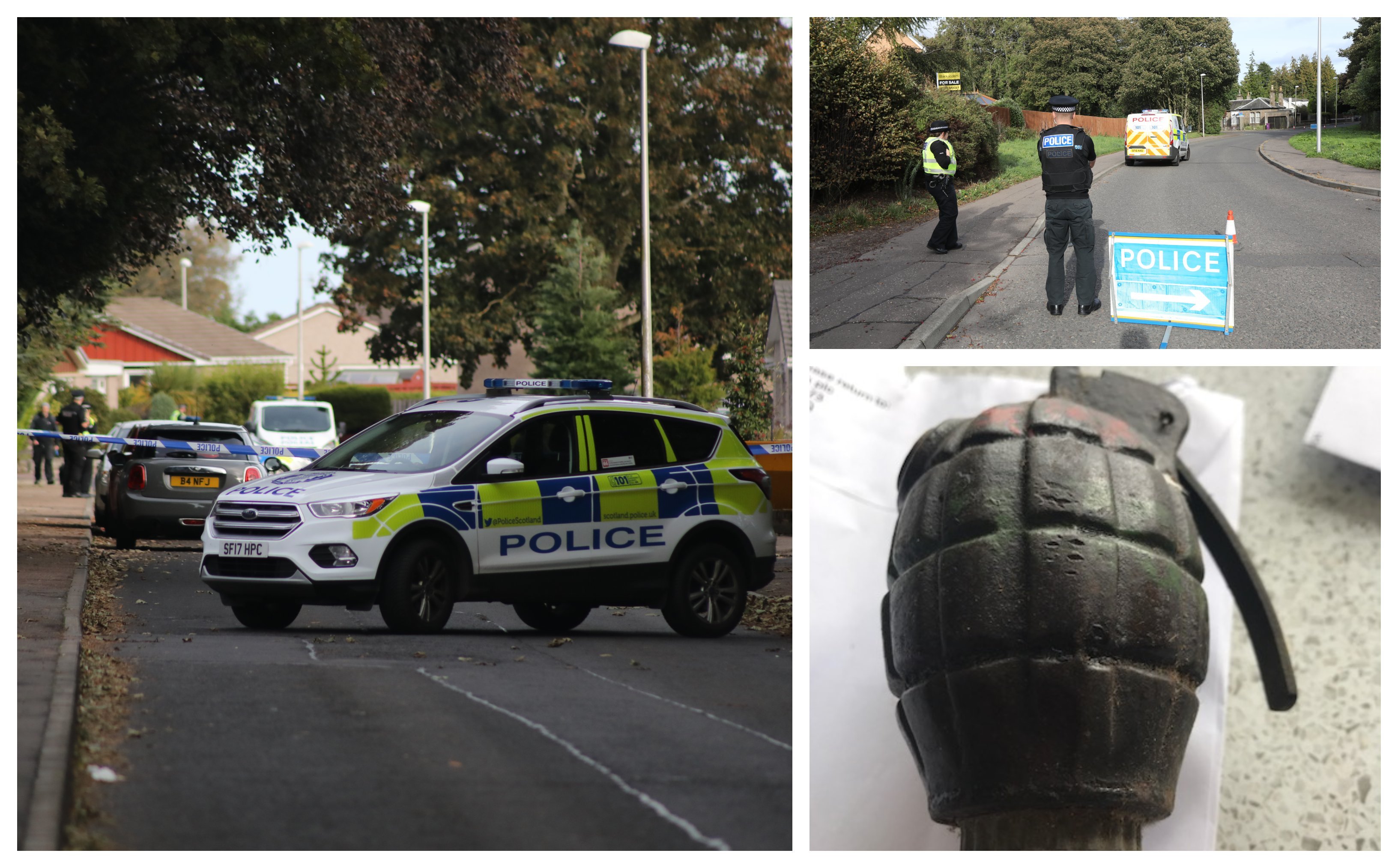 A photo of the grenade said to have been found in the loft of a property in Monifieth. Also pictured: Police at the scene.