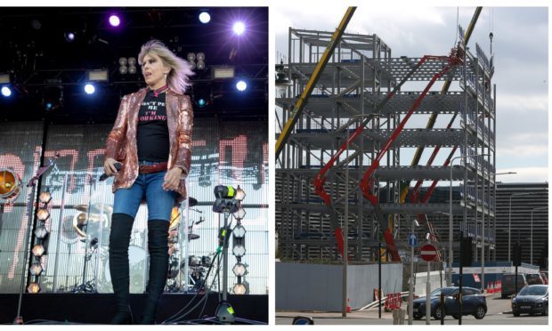 Pretenders singer Chrissie Hynde on stage at Slessor Gardens/the controversial office block.