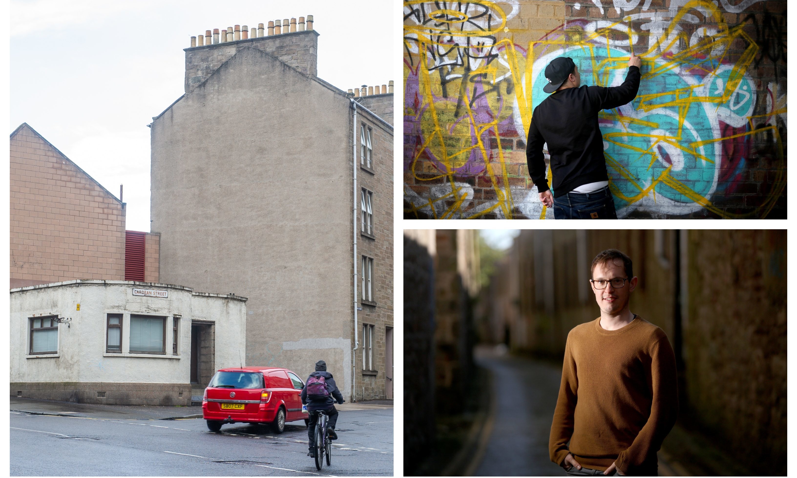 The wall pictured, left, will be the location of the new Dundee mural. Right shows Russel Pepper and a graffiti artists at work in Dundee.