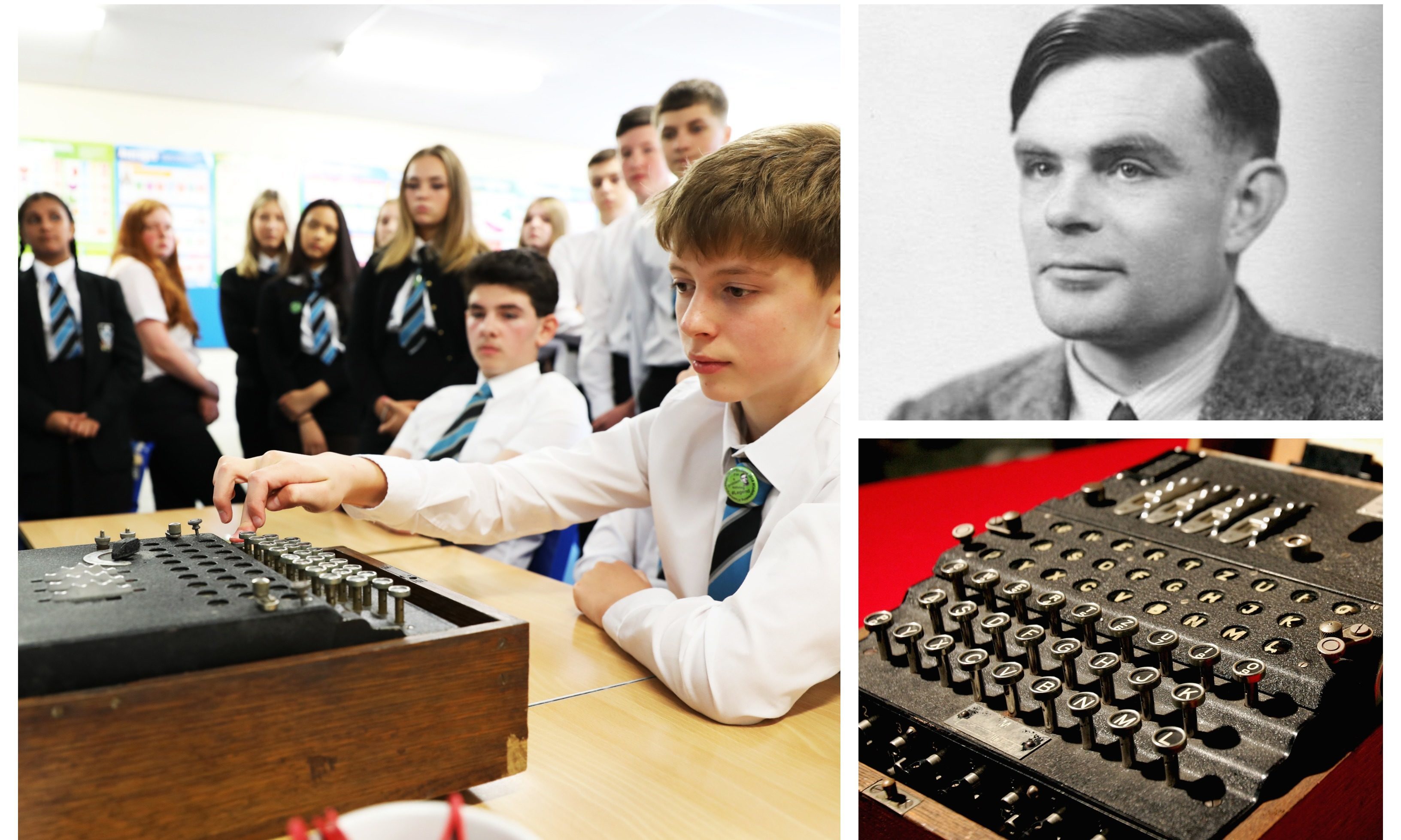 Pictured: Pupils using the touring Enigma machine/ Alan Turing/A German WW2 Enigma machine.