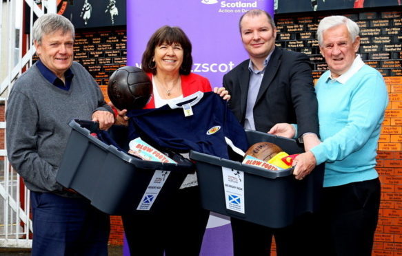 Michael White, Football Memories Scotland Project Training Co-ordinator, Amanda Kopel, Richard McBrearty, Project Director of Football Memories Scotland and Gordon Wallace at the North East Scotland regional Football Memories Conference held at Tannadice.