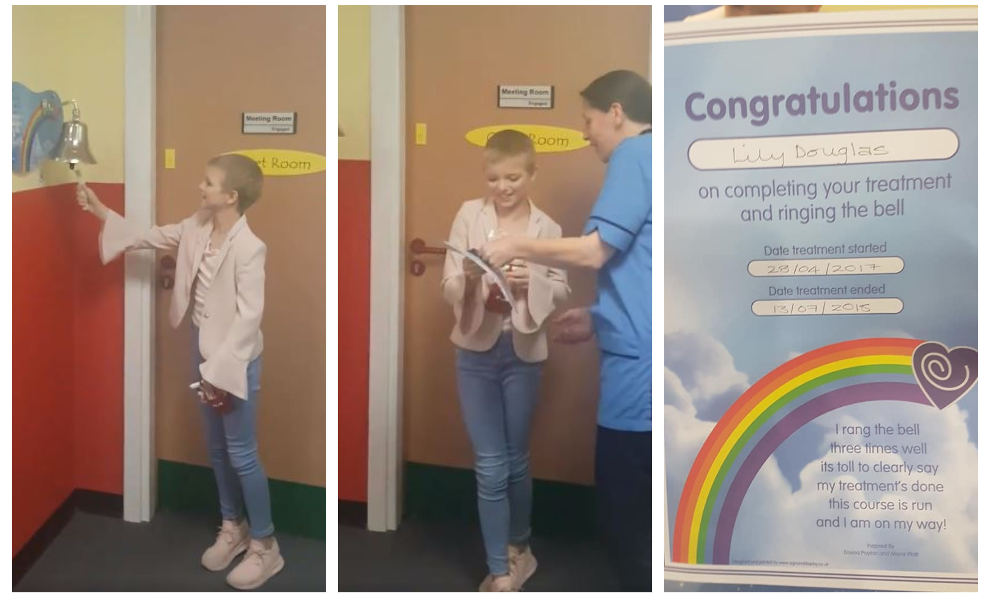 Lily Douglas rings the "end of treatment" bell at Ninewells Hospital