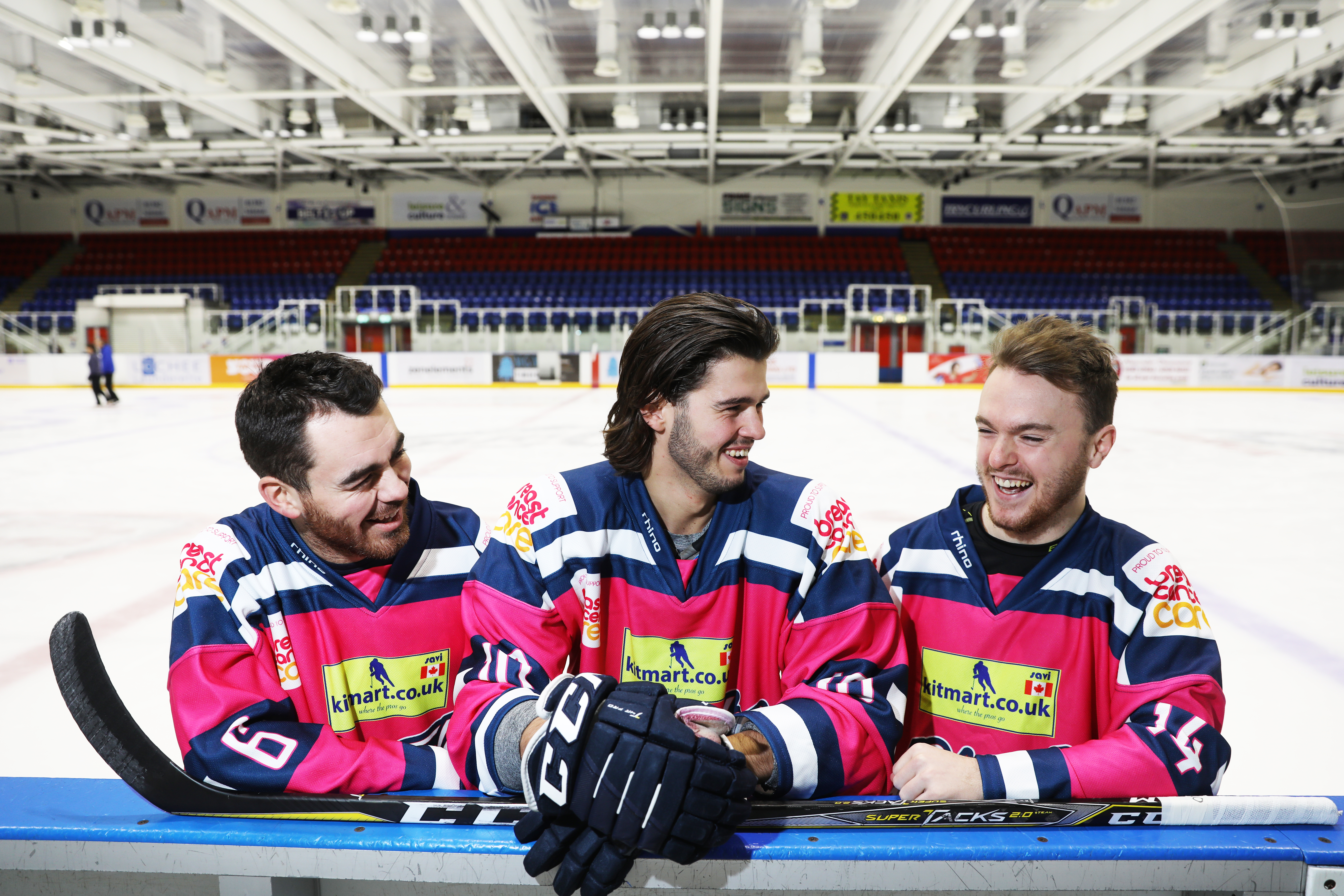 Players Jordan Cownie, Lukas Lundvald and Drydn Dow donning the limited edition pink jerseys ahead of Sunday's game.