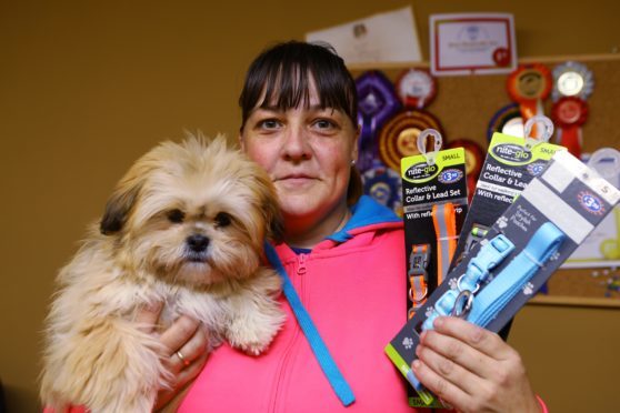 Courier News - Sarah Vesty story - Langdyke Kennels.
CR0004088
Picture shows; Nichola Mackay with Millie and some of the new leads and collars that have been handed in so far, at Langdyke Boarding Kenels, near Kennoway today. Saturday 13th October 2018.
Dougie Nicolson / DCT Media.