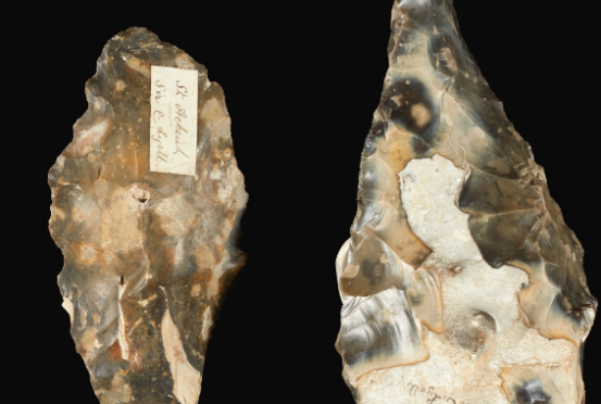 Ancient flint hand axes in detail.