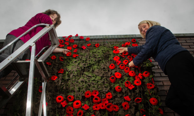 Hanging the 'waterfall' of poppies at the Legion Scotland (Forfar Brach) Garden of Remembrance - Leilah Wallace and Margaret Brown.