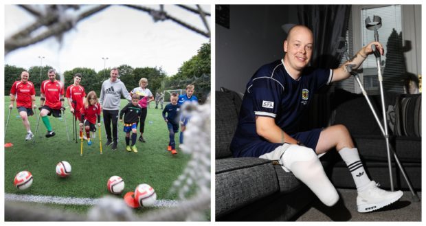 Northern Ireland manager Micahel O'Neill with some amputee players, left, and Rob Wilson, right.