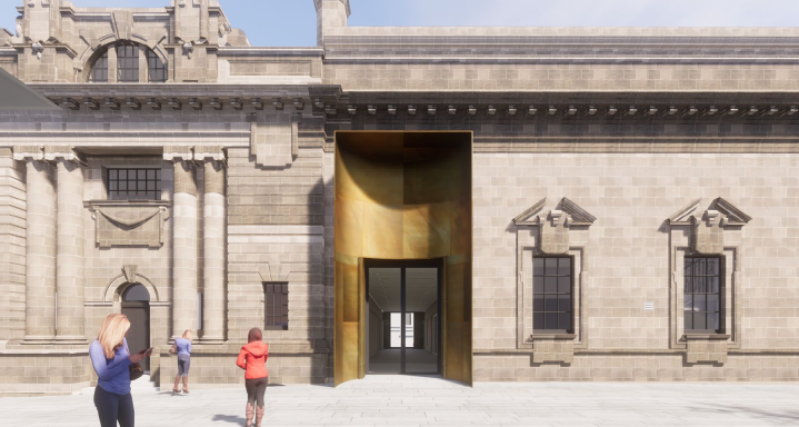 Graphic of City Hall showing gold-coloured entrance door.