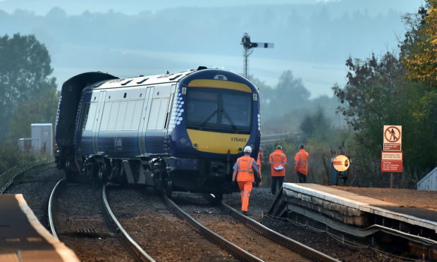 The derailed train at Stonehaven.