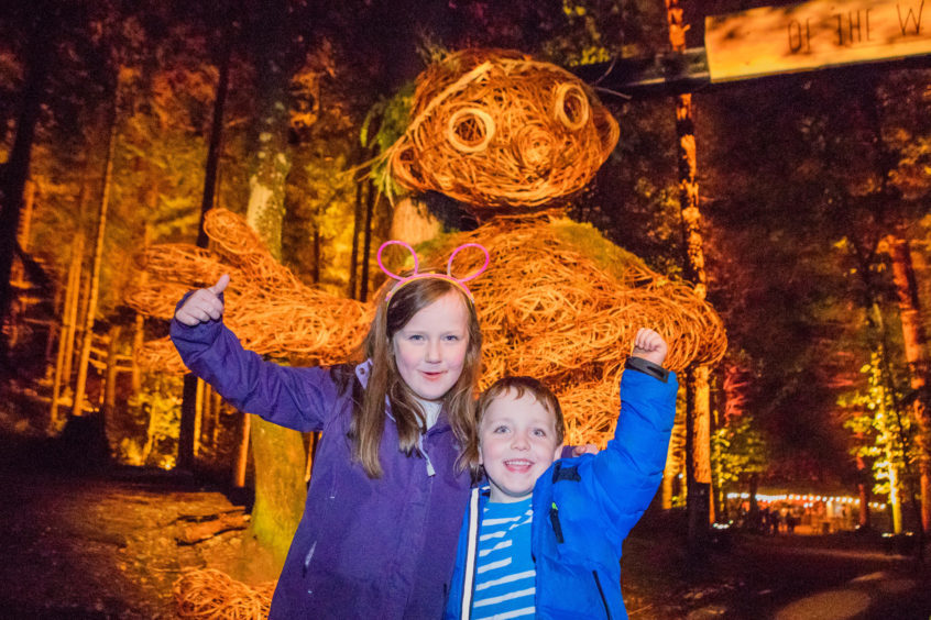Jessica McIntosh (aged 7) the 'voice' of the Enchanted Forest (her recorded voice narrates the bus journey to the venue) with her brother Daniel McIntosh (aged 4) both from Auchterarder; alongside wicker man 'Bernard'.