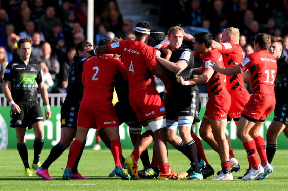 Tempers flare again in the Heineken Champions' Cup game between Glasgow and Saracens at Scotstoun.