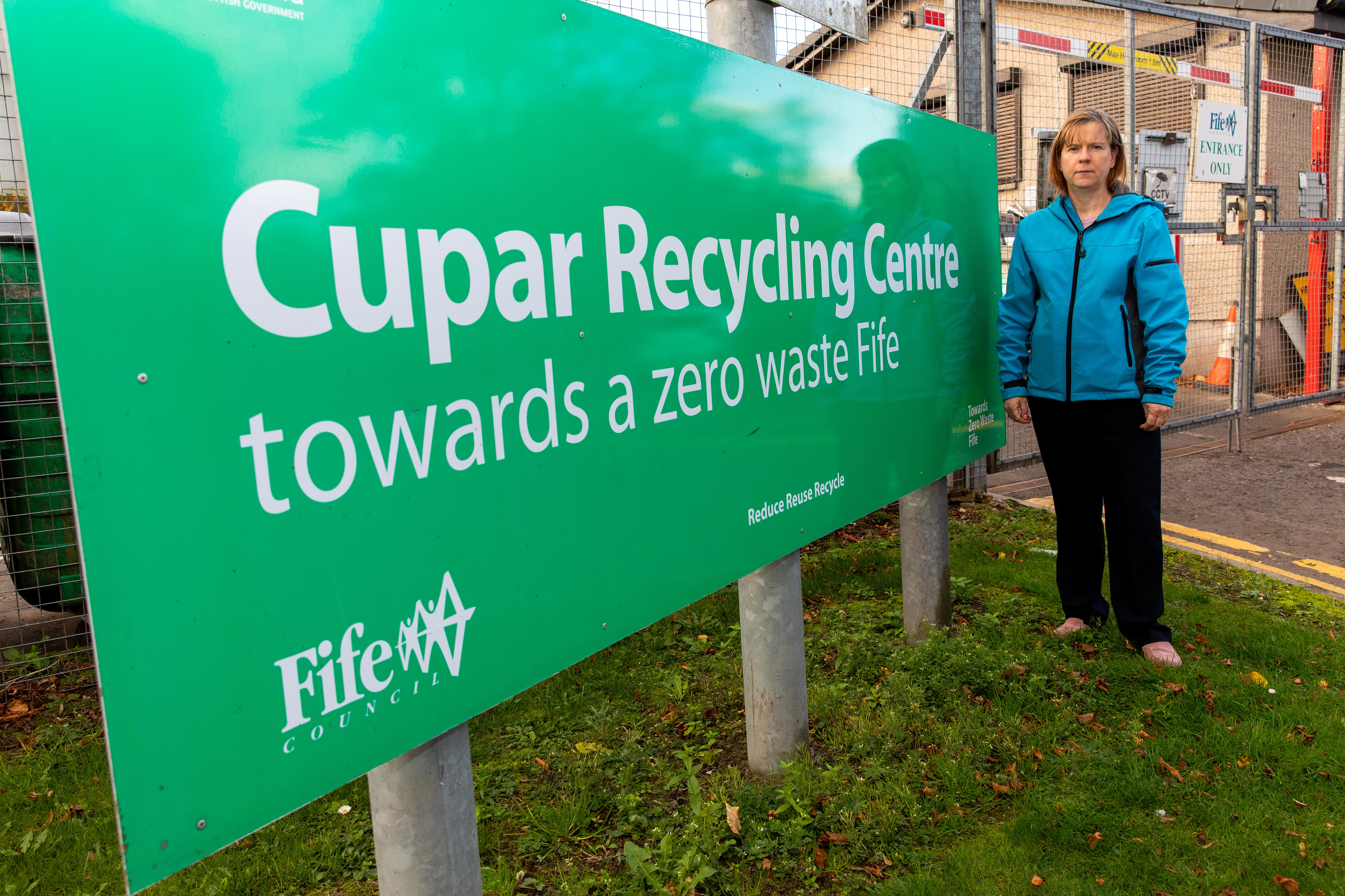 Councillor Margaret Kennedy outside the Coal Road recycling centre in Cupar.