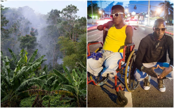 Stephen McLaren, Jamaica: A Sweet Forgetting - View through the Blue Mountains, Jamaica (left) and Varun Baker, Journey 1 - Joshua (centre) and friend on a central Kingston street, Jamaica