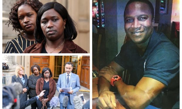 Right: Sheku Bayoh. Left: Kadi Johnson and the family in Edinburgh with Aamer Anwar in 2018