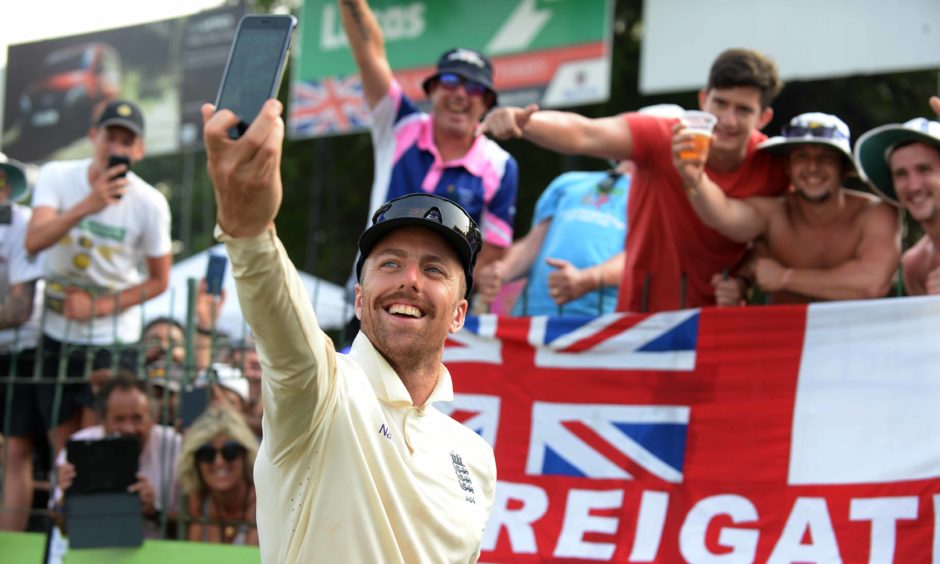 Jack Leach of England enjoys the celebrations and takes a selfie after England defeated Sri Lanka 3-0 in the series after they won the 3rd Cricket Test Match between Sri Lanka and England.
