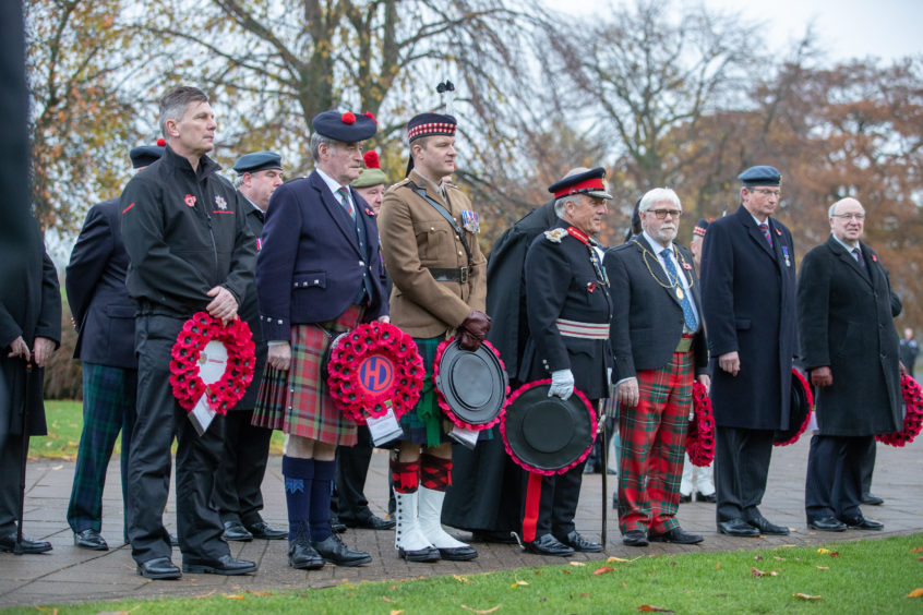 Perth and Kinross Provost Dennis Melloy, Her Majesty's Lord-Lieutenant of Perth and Kinross, Brigadier Sir Melville Jameson, and Commanding Officer 7 SCOTS Lt Col Matt Sheldrick lay wreaths at the 51st Memorial at the North Inch Perth today as part of the Perth Remembrance parade and service.