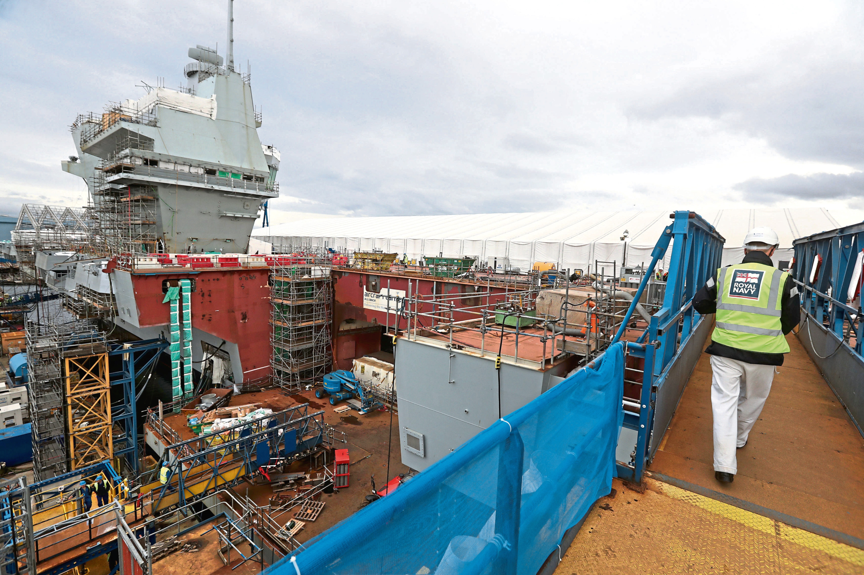 Work continues during a tour of the under-construction aircraft carrier, HMS Prince of Wales, at Babcock's site in Rosyth, Fife.