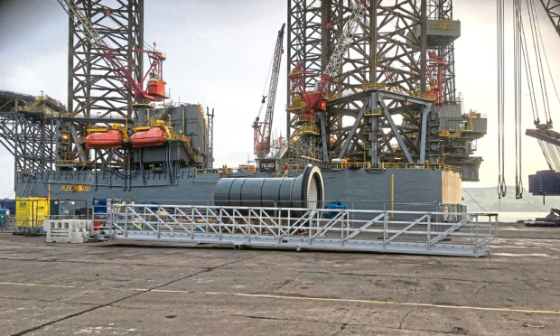 Work is under way on the ENSCO 100 jack-up at the Port of Dundee