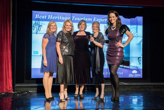 Front left: Gillian Macdonald, Historic Environment Scotland, Tracy McCafferty, Dallas Meechan and Michelle Sweeney from Carnegie Library, and ceremony host Jennifer Reoch.