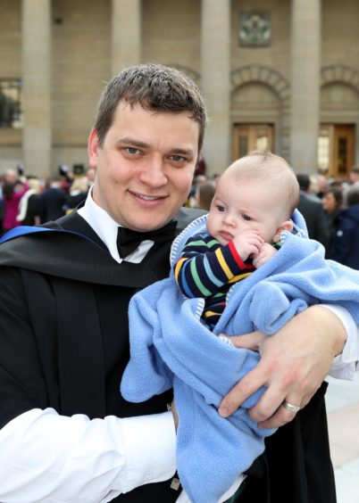 Fraser Robb, from Perth, graduated with a Teaching Qualification (TQFE) with nine week old son Sam.