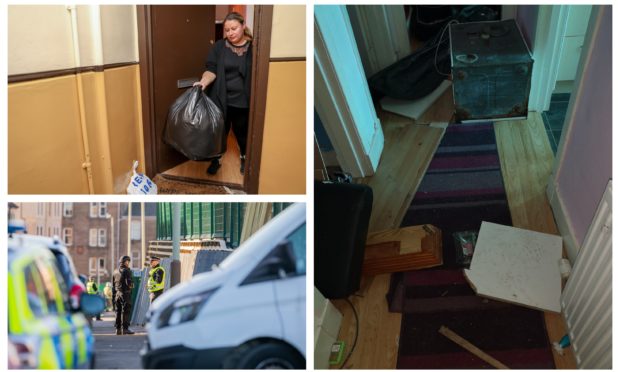 Patrycja Wieczorek with a bin bag full of debris she has had to throw out after her home was trashed. Bottom left: Emergency services at the scene of the incident in the Hilltown.