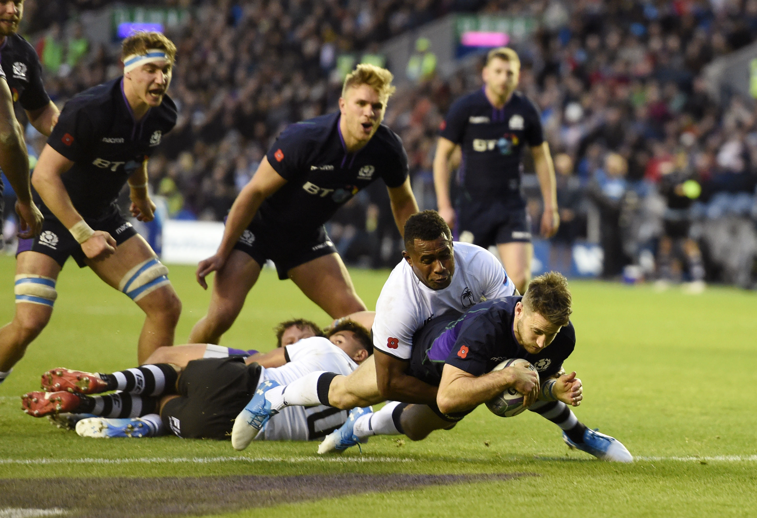 Tommy Seymour scores his second of his hat-trick in Scotland's 54-17 romp over Fiji.