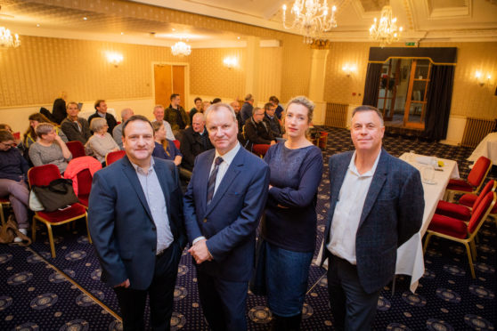 Speakers at a Save our Schools meeting, from left: Andy Charlton, chairman of Pitlochry High School parent council, Pete Wishart, Perth and North Perthshire MP, Anna Brocklehurst, chairwoman of Grandtully Primary School parent council and Councillor John Rebbeck.