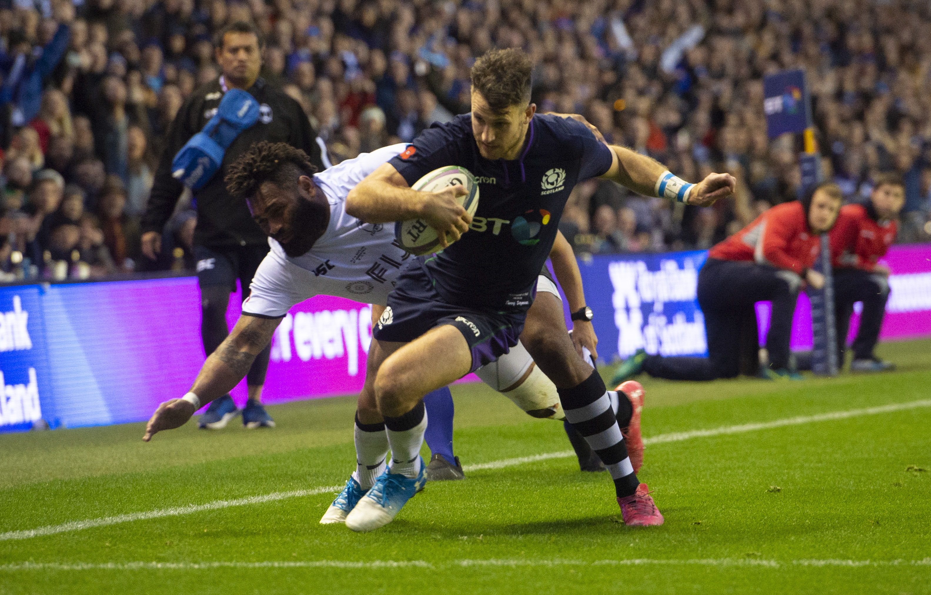 Scotland's Tommy Seymour goes in for his third try against Fiji.