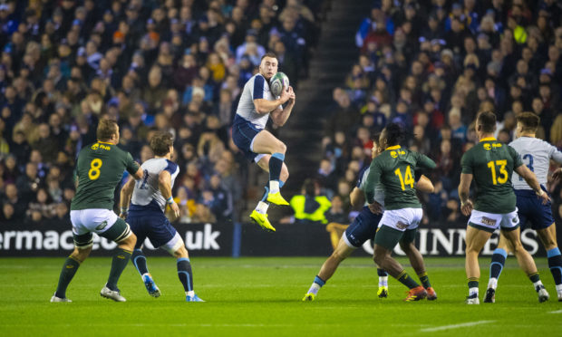 Stuart Hogg take a high ball during Saturday's game against the Springboks.