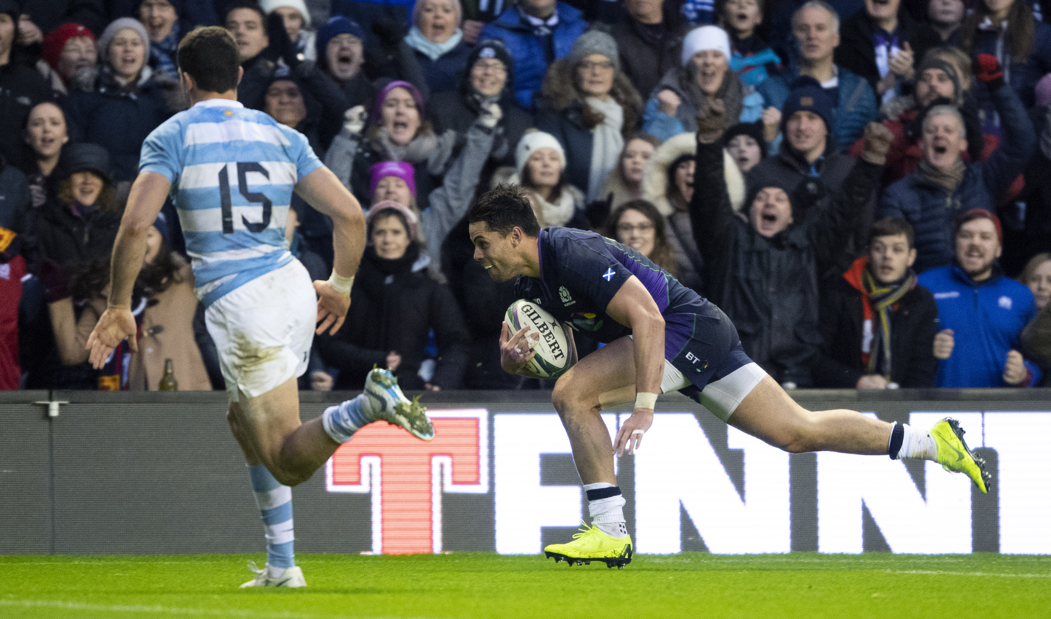 Sean Maitland goes over to score Scotland's sole try in their 14-9 win over Argentina.
