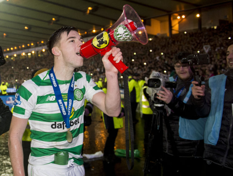 Celtic's Kieran Tierney at full time with the fans.