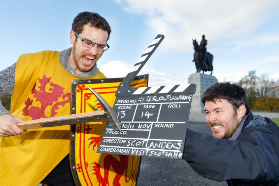 David Weinczok (left)  and Neil Robertson (with the clapperboard) at The Battle of Bannockburn