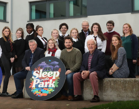 Bruce Wishart, Alice Thompson, Josh Littlejohn MBE and John Watson OBE with pupils and staff from Broughton High School