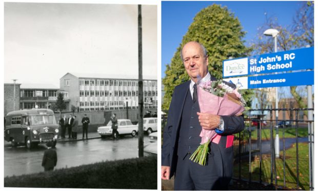 Right: Mike Mulford lays flowers at St John's. Left: The scene at the school 51 years ago.