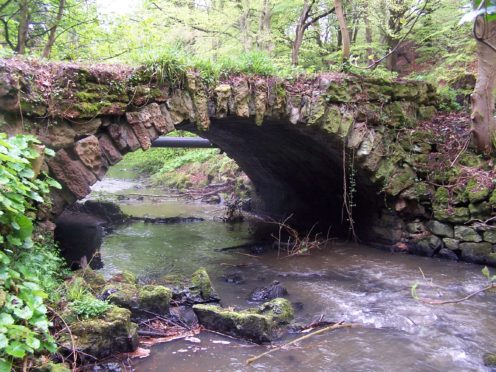 The remains of a rustic bridge over the Bluther Burn at Valleyfield