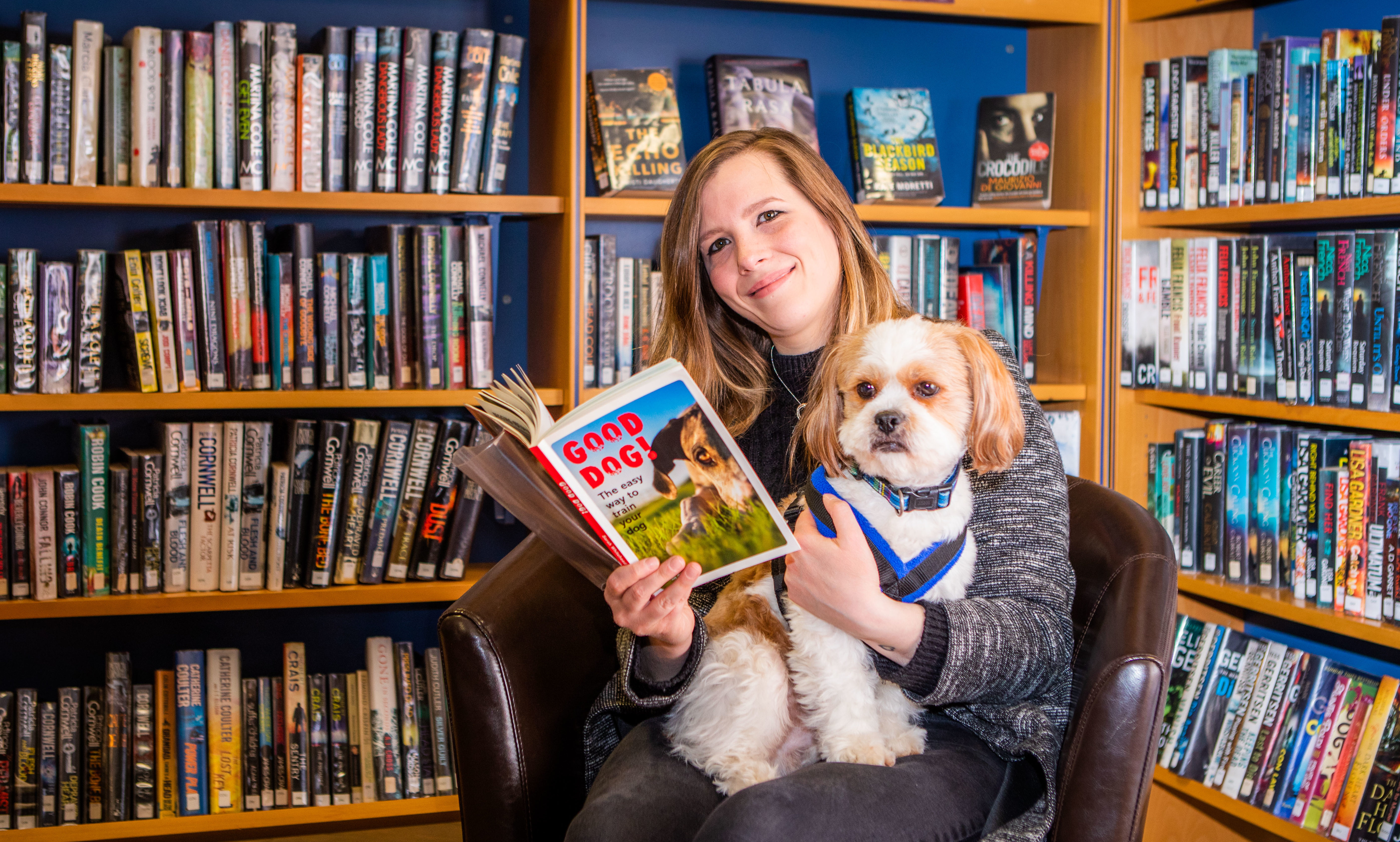 Katie McCandless-Thomas (Dog Friendly Perthshire) and Baxter (aged 4) from Perth, enjoying a quiet read in the library.