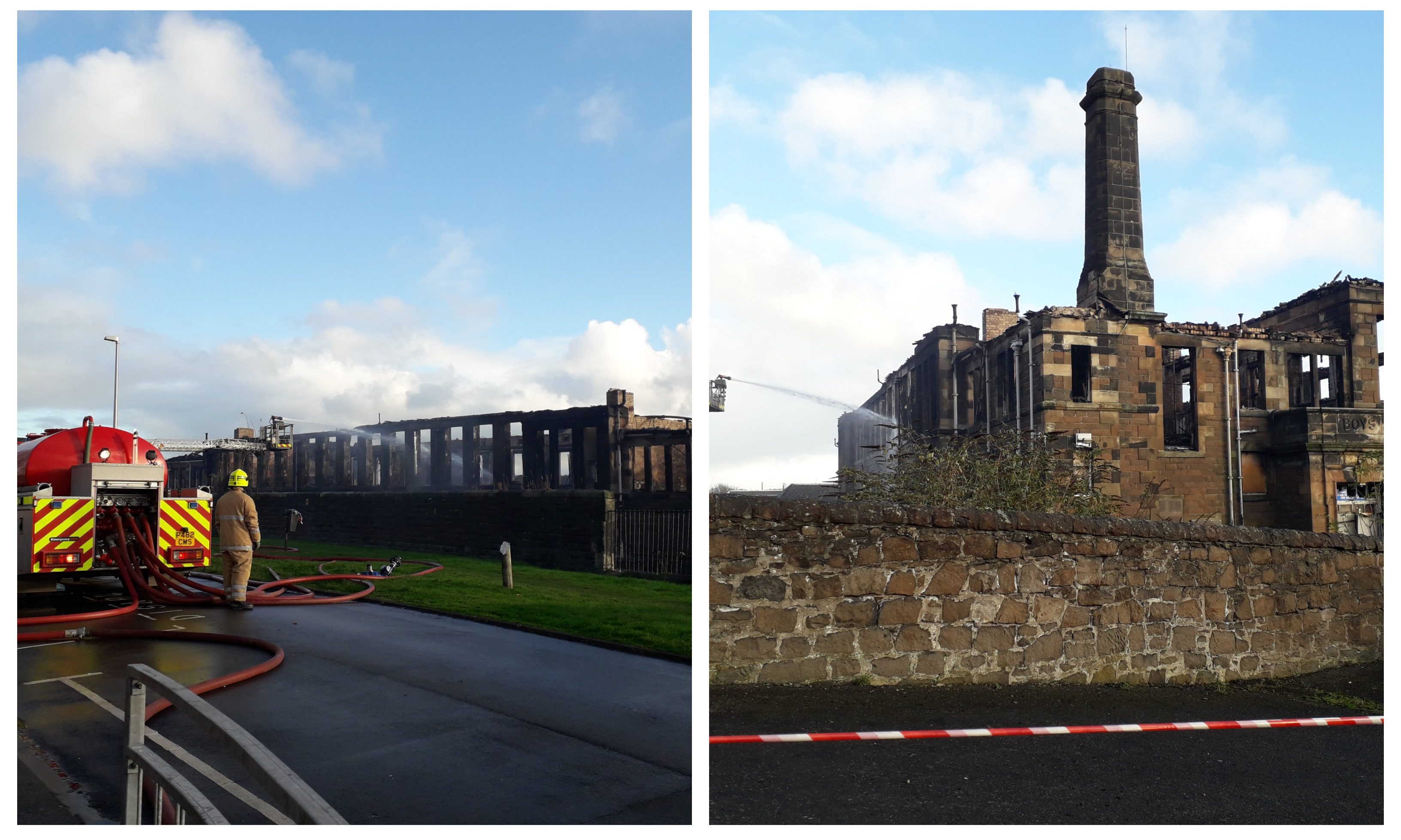 Firefighters at the scene on Tuesday morning after the Inverkeithing school went up in flames.