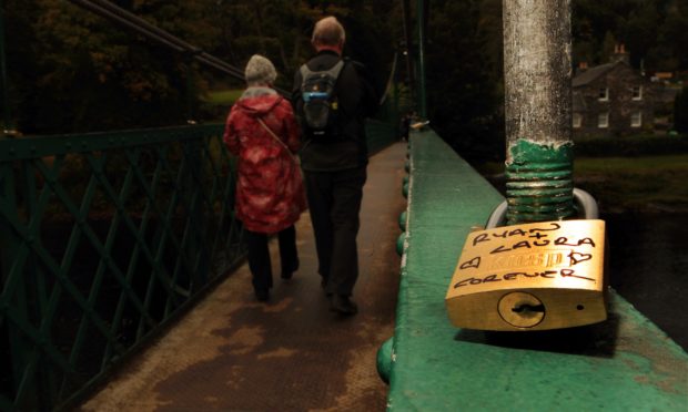 A love lock on the Port-na-Craig suspension bridge