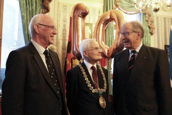 Bill Spence, founder and first volunteer of the service, Lord Provost Ian Borthwick and Major General Mark Strudwick, Prior of St John Scotland at the 10th anniversary celebration.