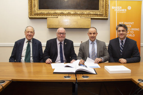 Deputy Leader of Angus Council Angus Macmillan Douglas,  Council leader Councillor David Fairweather, Graham Gillies, Vice President, Subsea Production Systems, BHGE and Lorenzo Romagnoli
Global Supply Chain Director at Baker Hughes at the signing of the Memorandum of Understanding