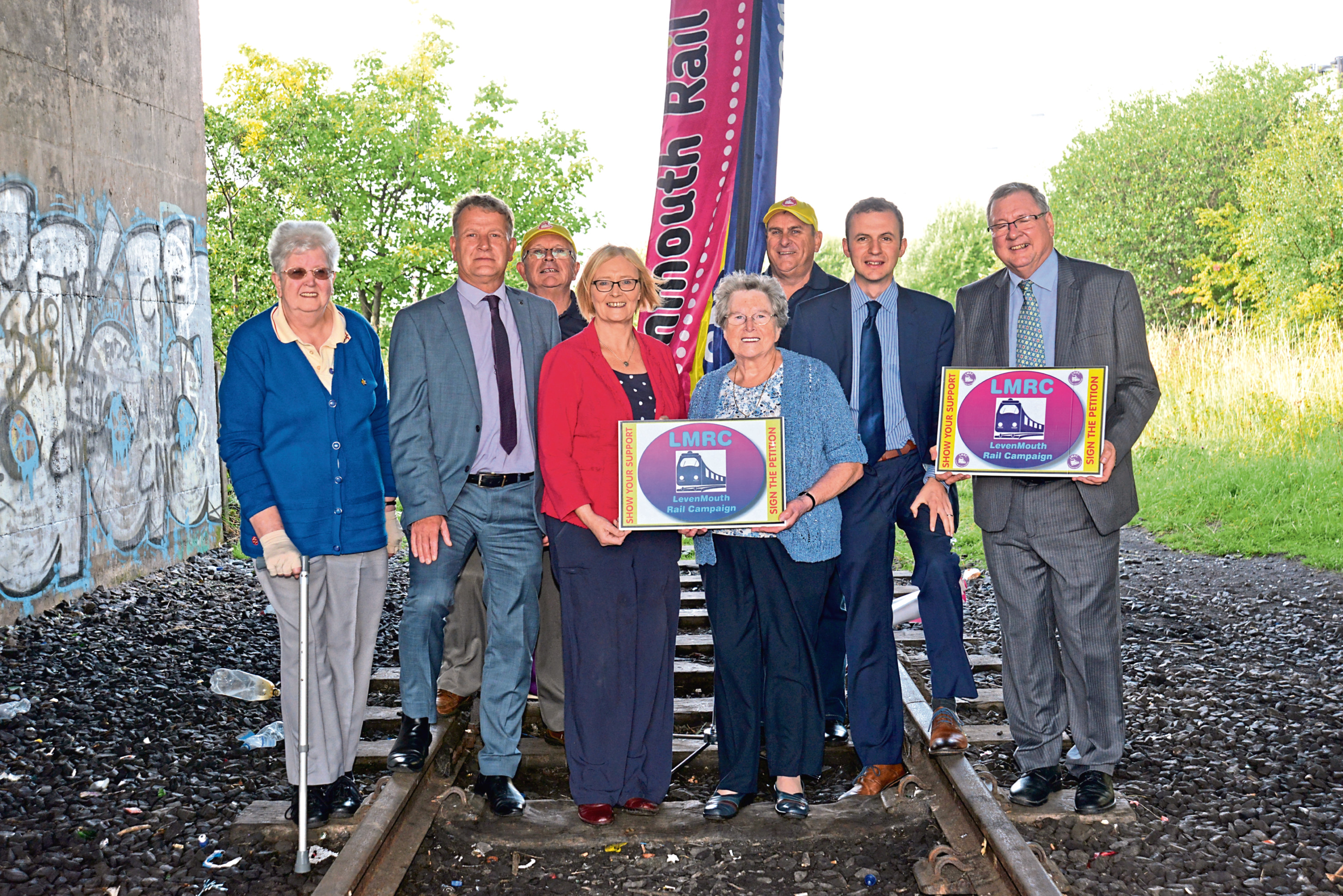 Levenmouth rail campaigners with ltr Elizabeth McGuire David Torrance MSP, Allen Armstrong, Trichia Marwick, Mary Reilly, Ross Bennett, Stephen Gethins and Eugene Clarke.