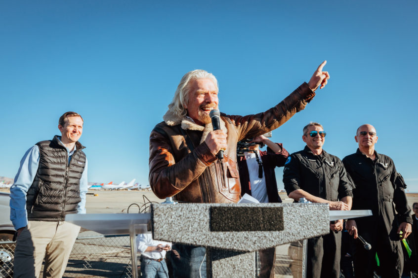 Sir Richard Branson celebrating the Virgin Galactic test flight of SpaceShipTwo, VSS Unity, which took off in the early morning sunshine at the Mojave test centre in California on Thursday.