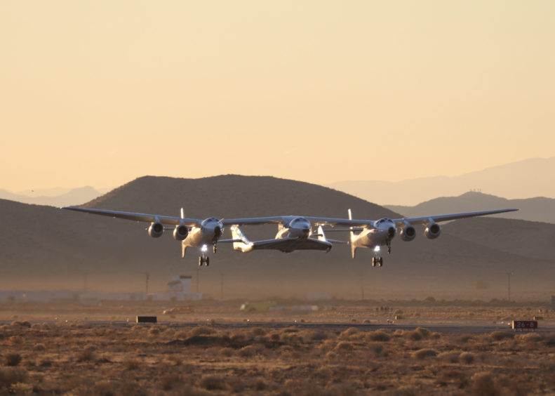 Take-off for the Virgin Galactic test flight of SpaceShipTwo, VSS Unity, at the Mojave test centre in California.