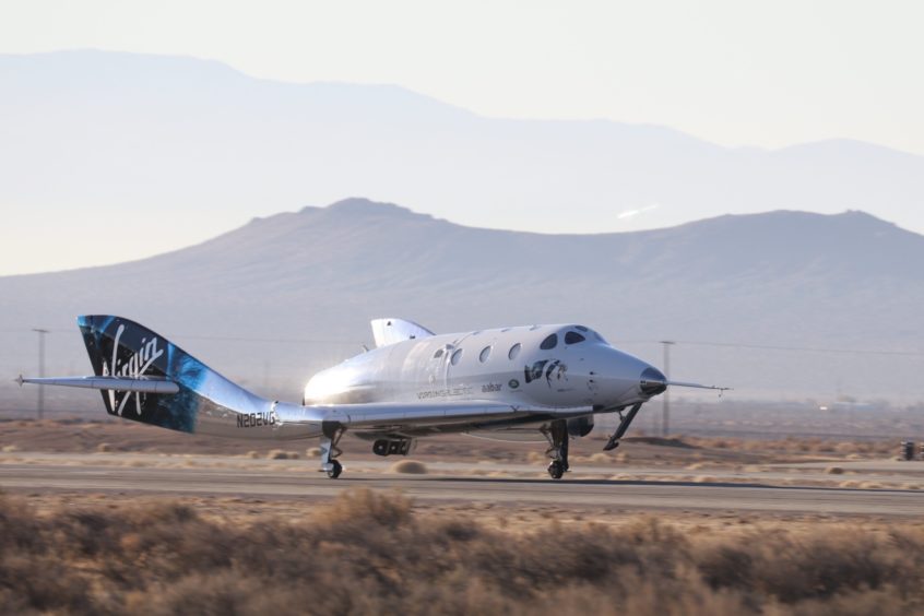 The Virgin Galactic SpaceShipTwo, VSS Unity, landing at the Mojave test centre in California after her test flight.
