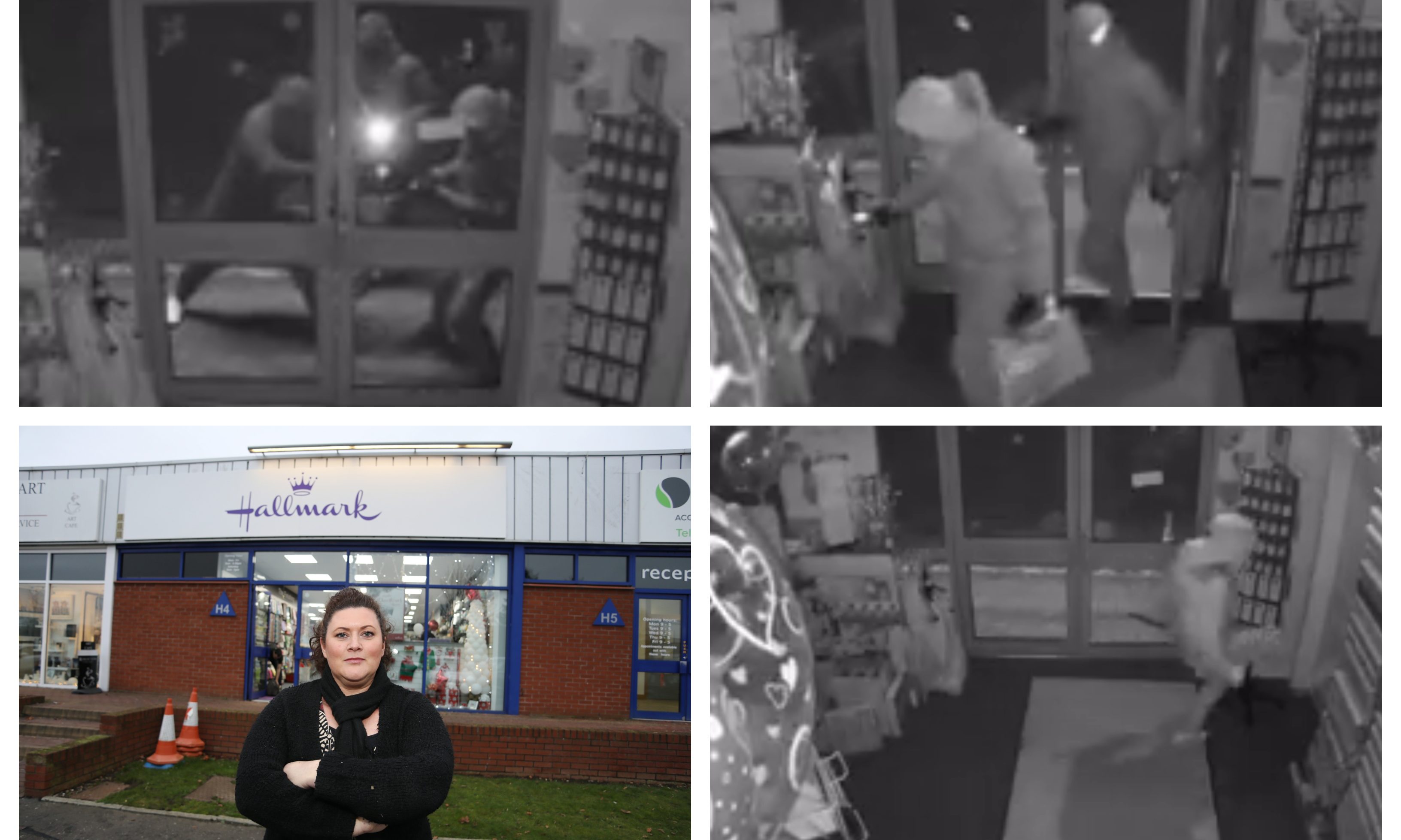 The Hallmark raid was captured on CCTV. Bottom left shows owner Debbie Devine.