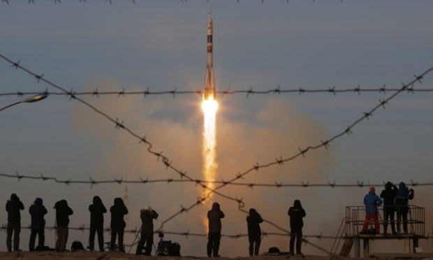 The Soyuz-FG rocket booster with Soyuz MS-11 space ship carrying a new crew to the International Space Station, ISS, blasts off at the Russian leased Baikonur cosmodrome, Kazakhstan.